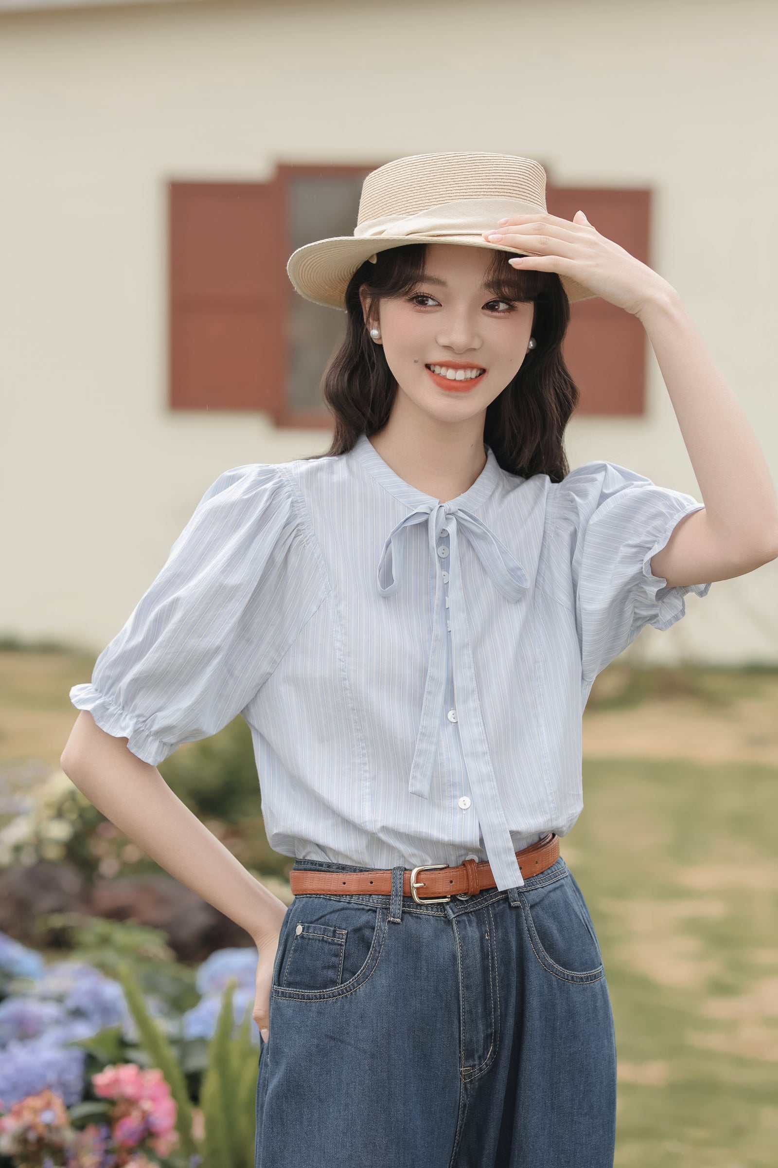 Elegant Striped Bow-Tie Puff Sleeve Blouse - Masion Chérie