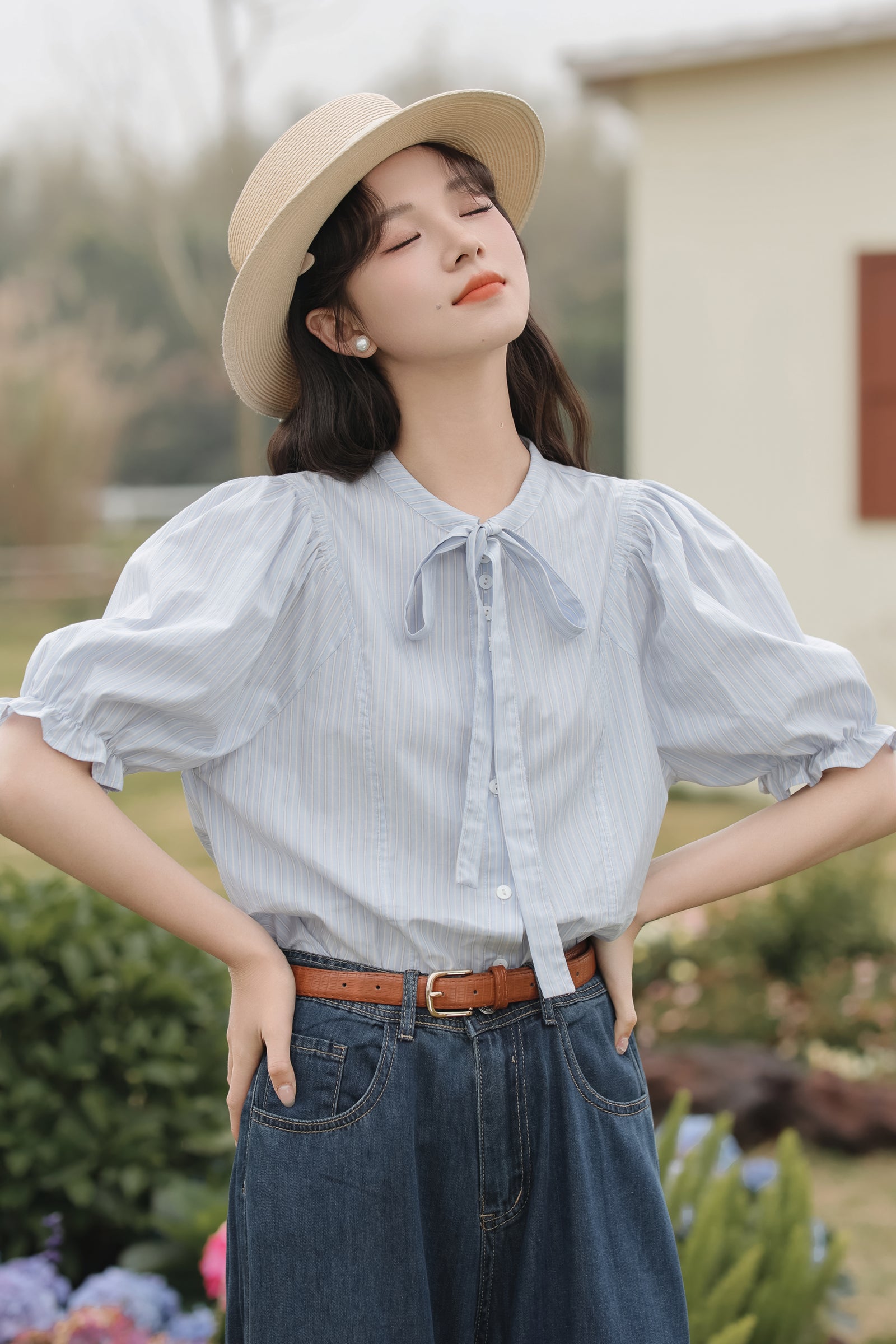 Elegant Striped Bow-Tie Puff Sleeve Blouse - Masion Chérie