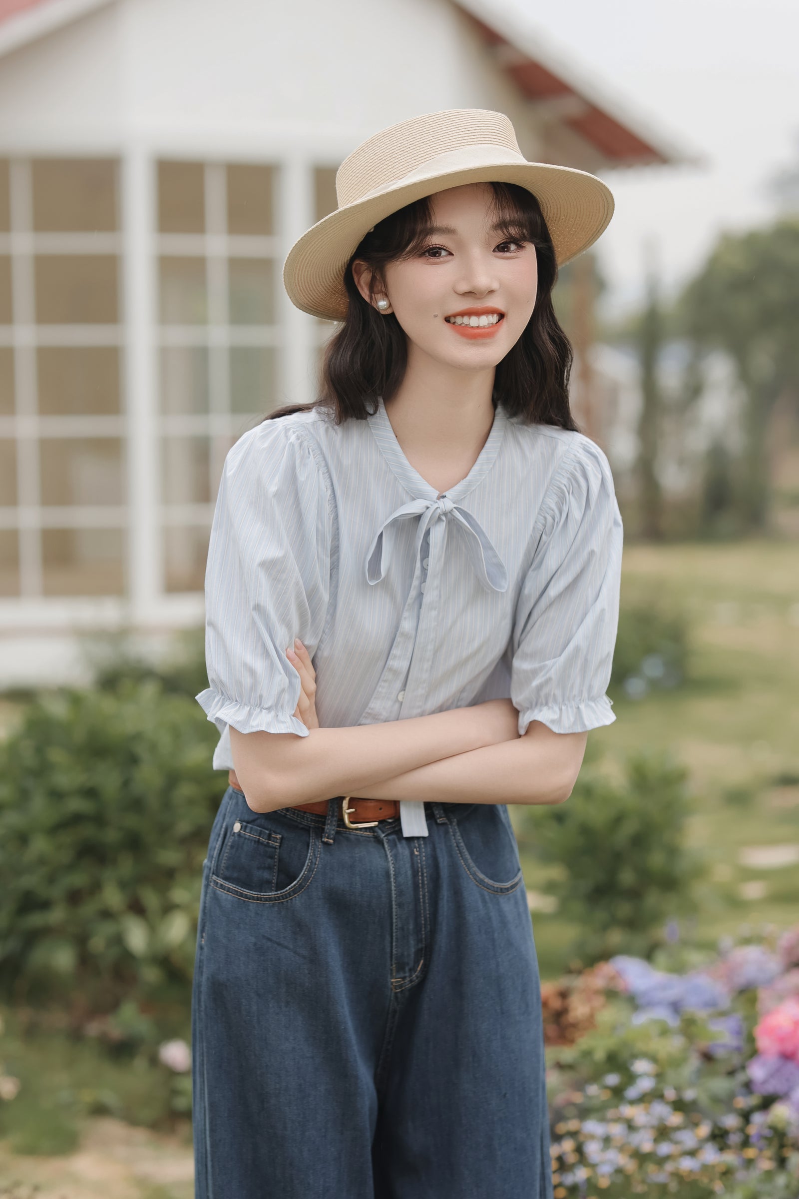 Elegant Striped Bow-Tie Puff Sleeve Blouse - Masion Chérie