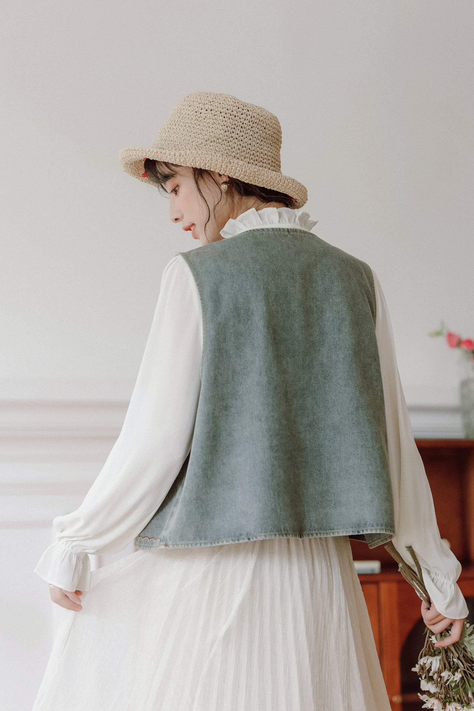 Vintage Blue Embroidered Denim Vest. - Masion Chérie