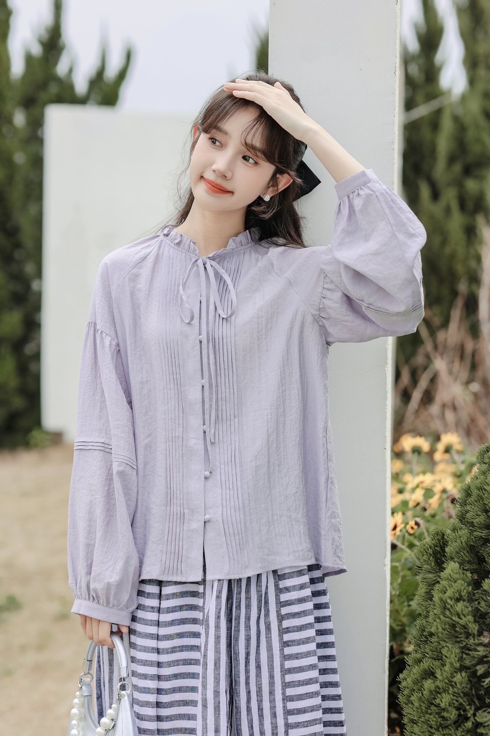 Lilac Button-Front Tie Neck Pintuck Blouse