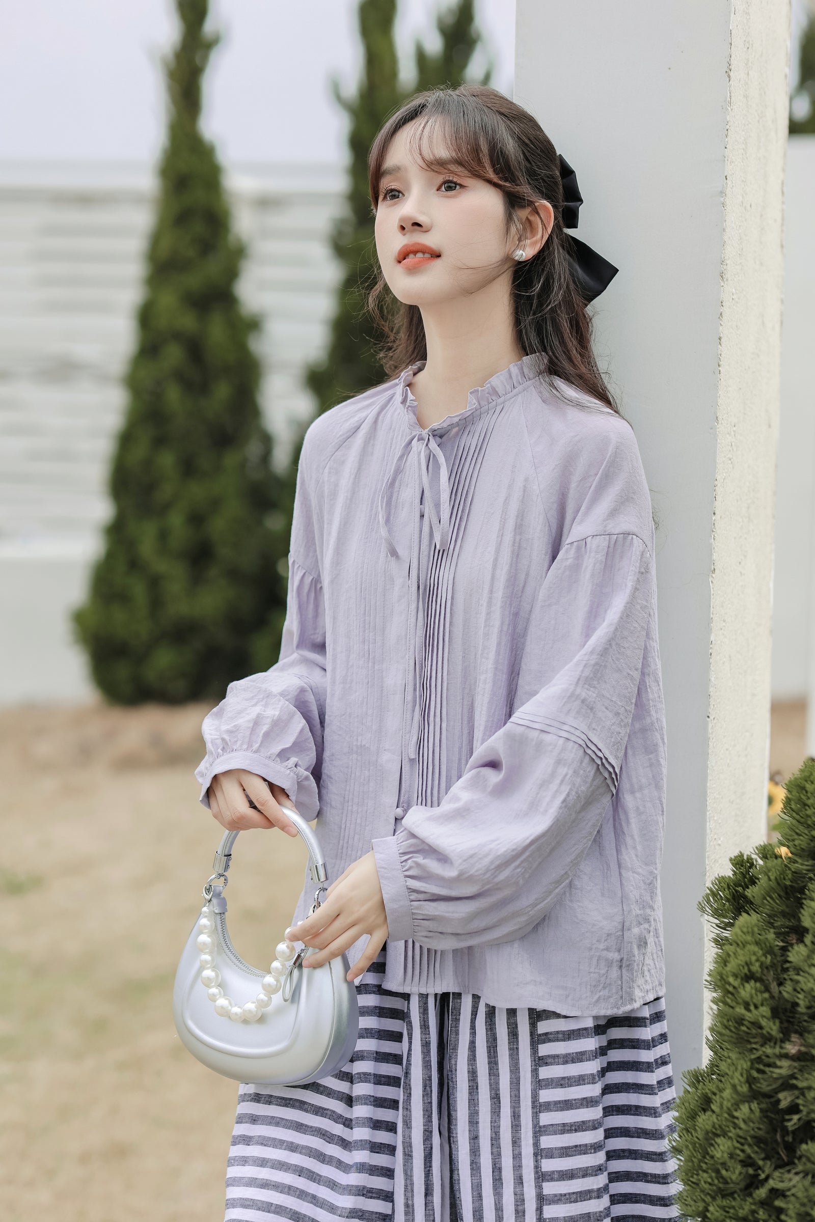 Lilac Button-Front Tie Neck Pintuck Blouse