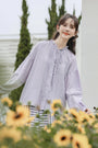 Lilac Button-Front Tie Neck Pintuck Blouse