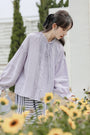 Lilac Button-Front Tie Neck Pintuck Blouse