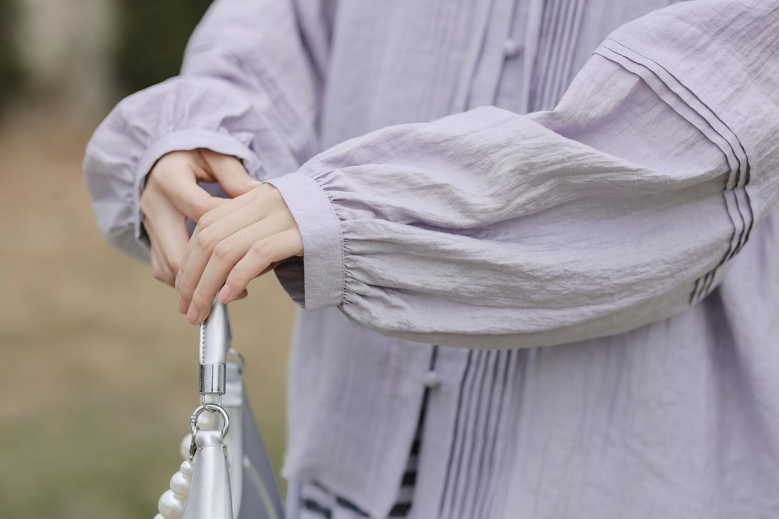 Lilac Button-Front Tie Neck Pintuck Blouse