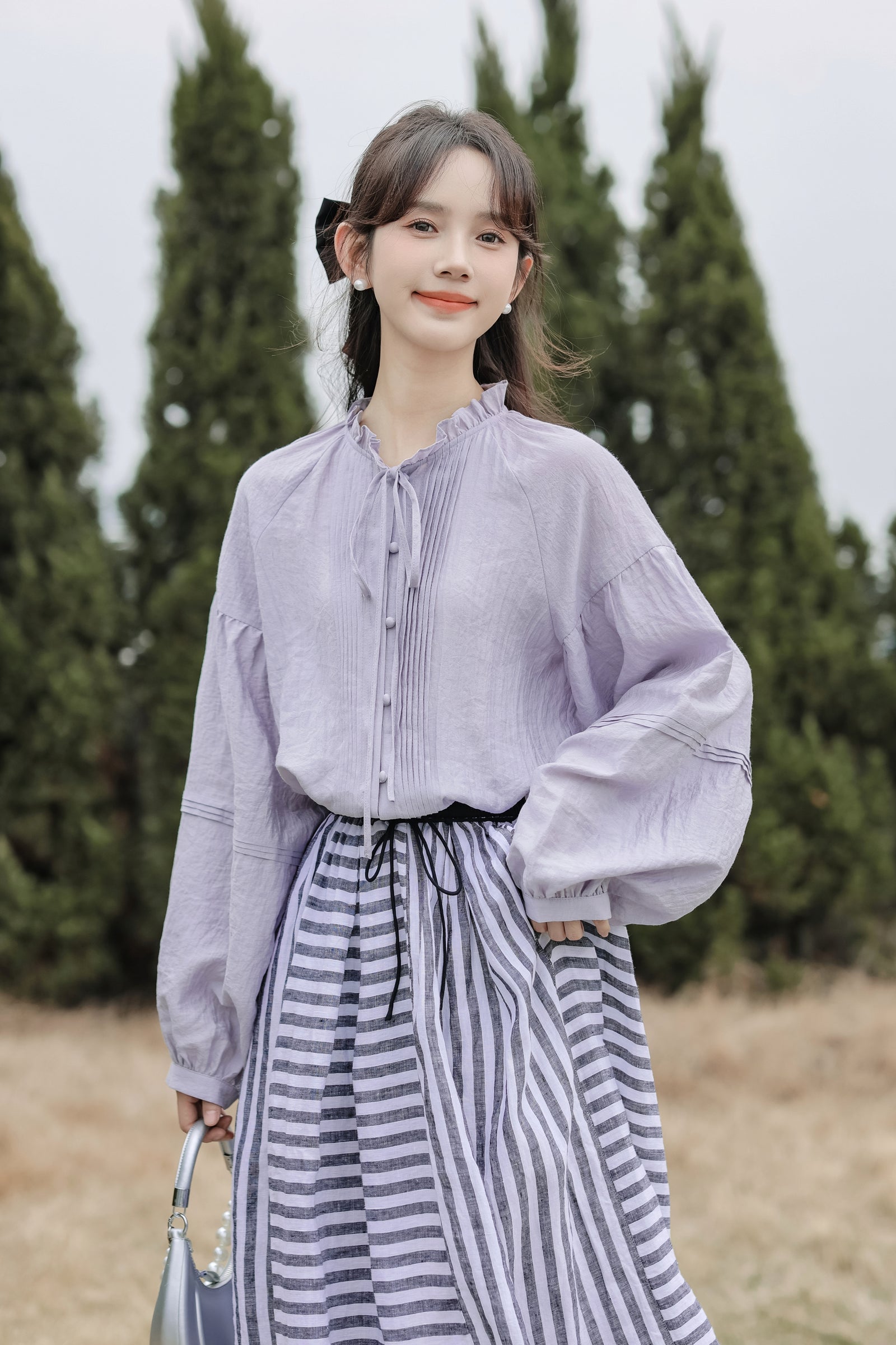 Lilac Button-Front Tie Neck Pintuck Blouse