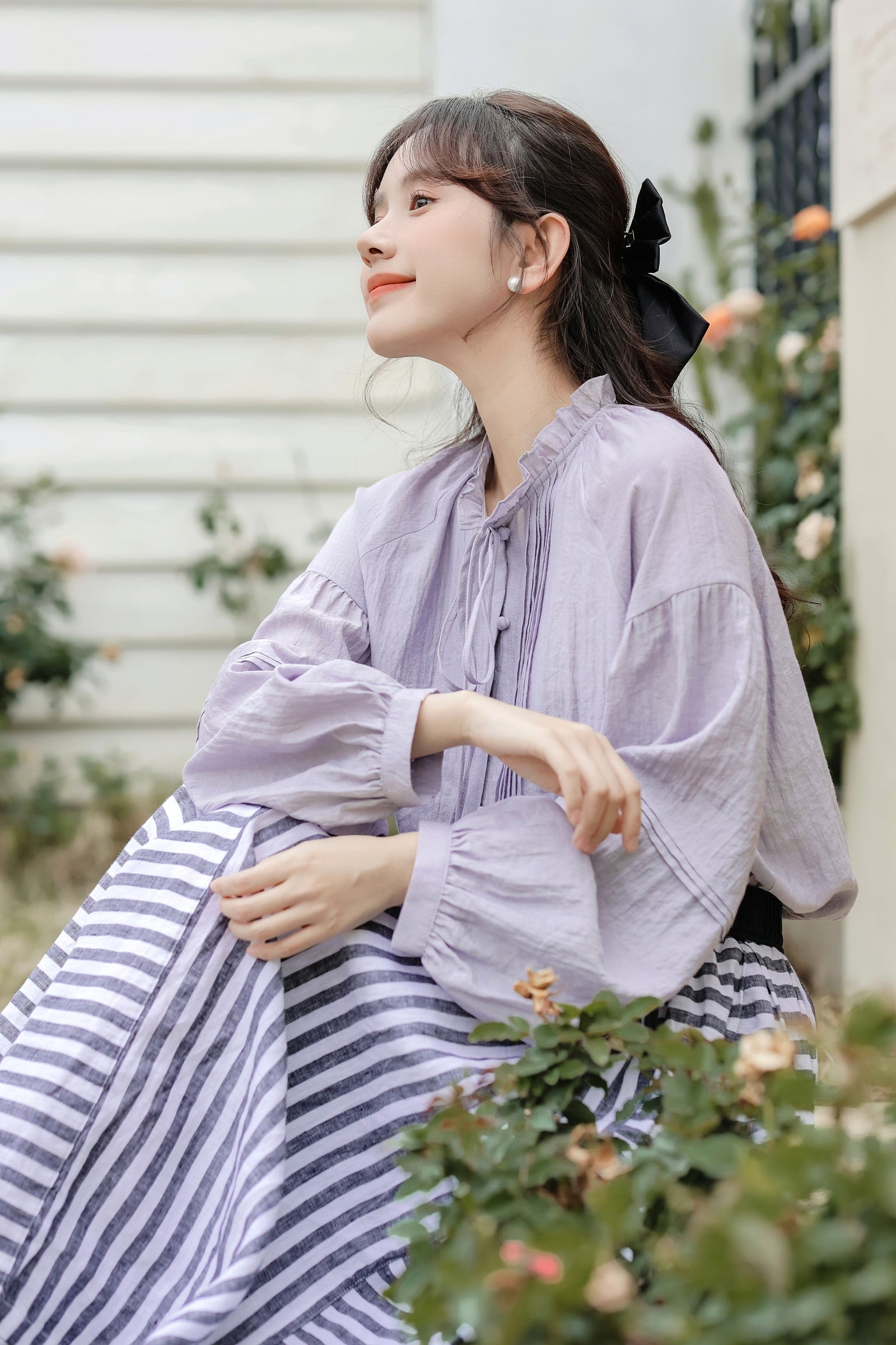 Lilac Button-Front Tie Neck Pintuck Blouse