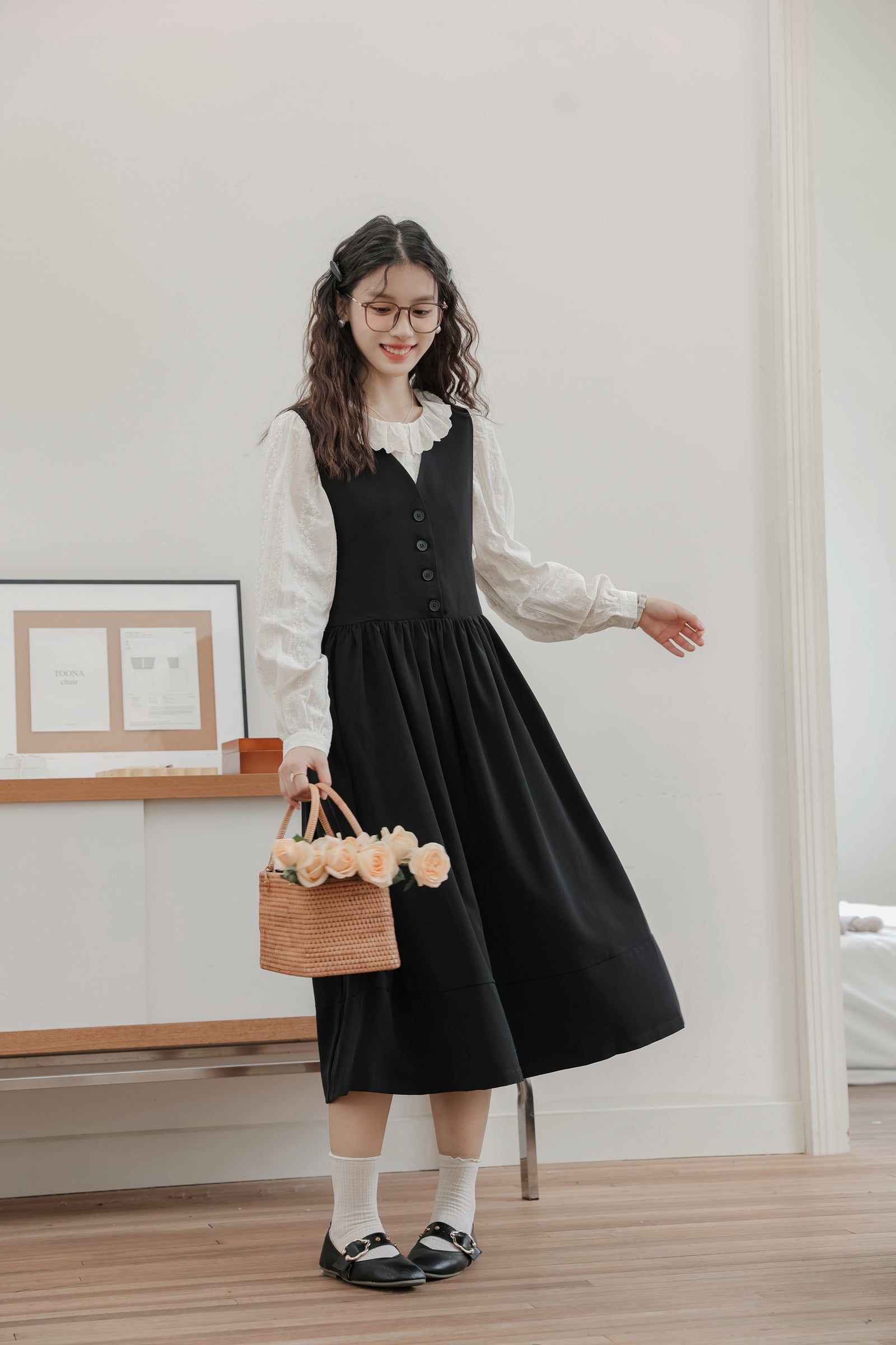 Vintage Black Buttoned Vest Dress