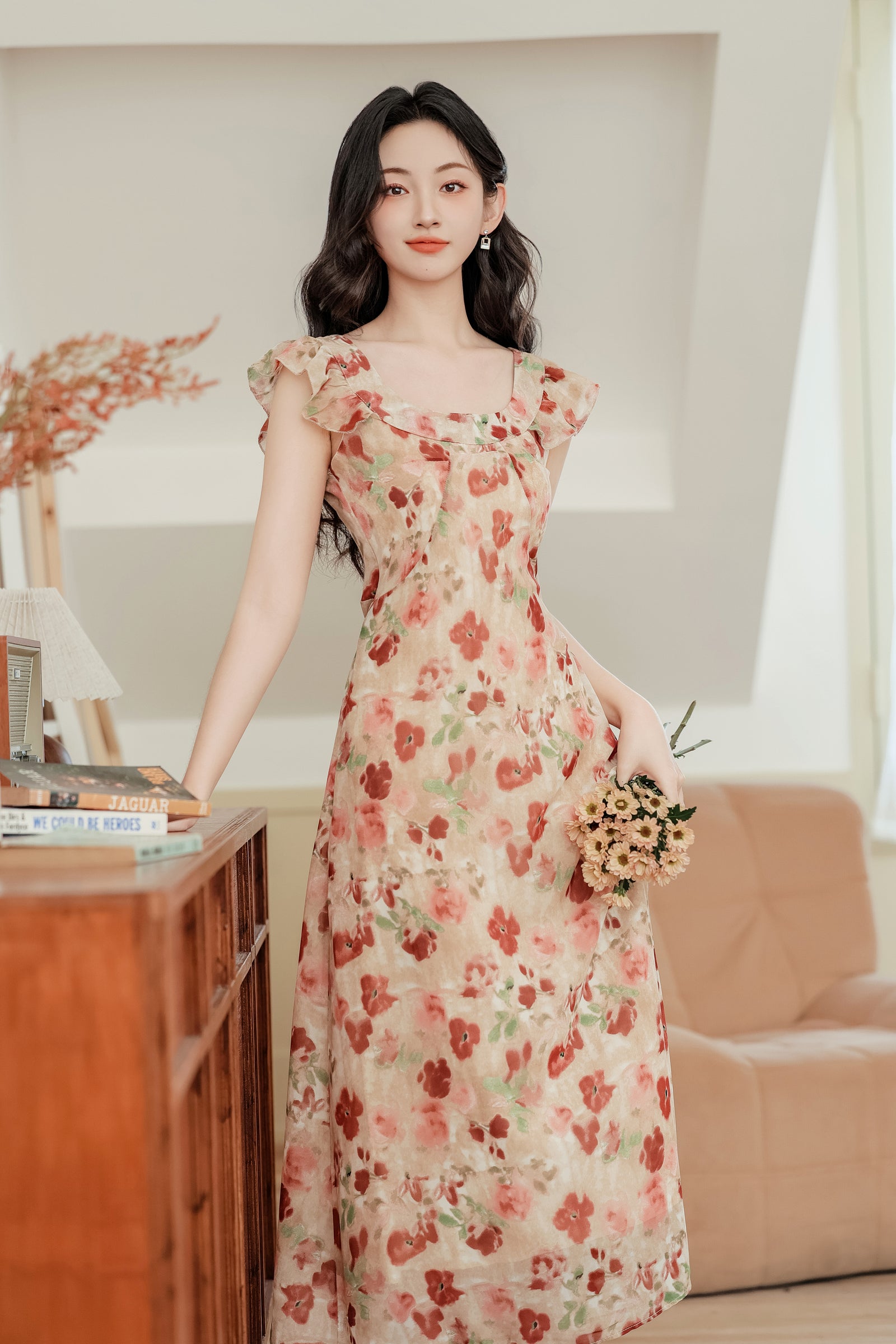 Vintage Floral Ruffle Sleeve Maxi Dress - Masion Chérie