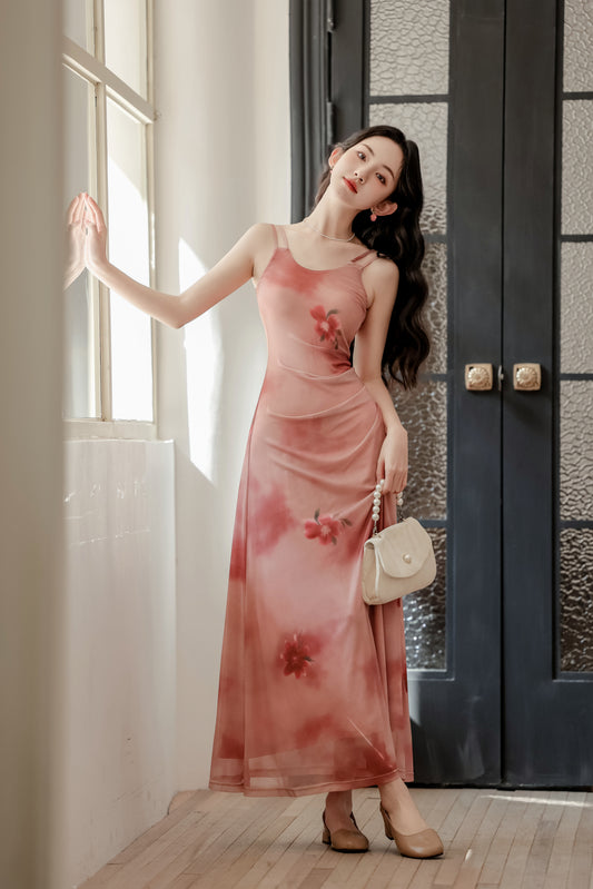 Elegant Rosy Pink Floral Print Sleeveless Maxi Dress - Masion Chérie