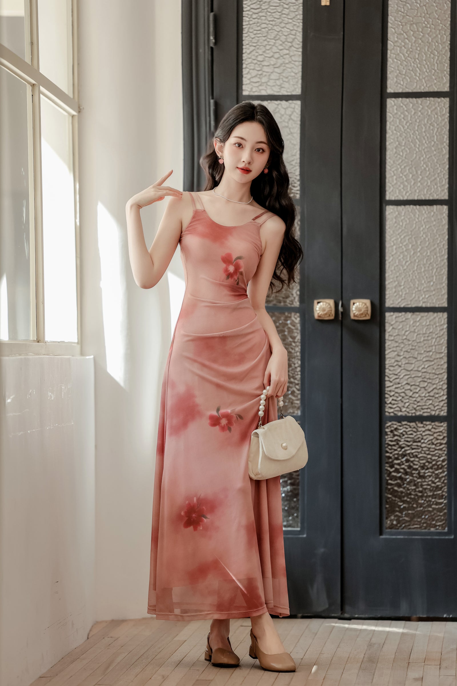 Elegant Rosy Pink Floral Print Sleeveless Maxi Dress - Masion Chérie