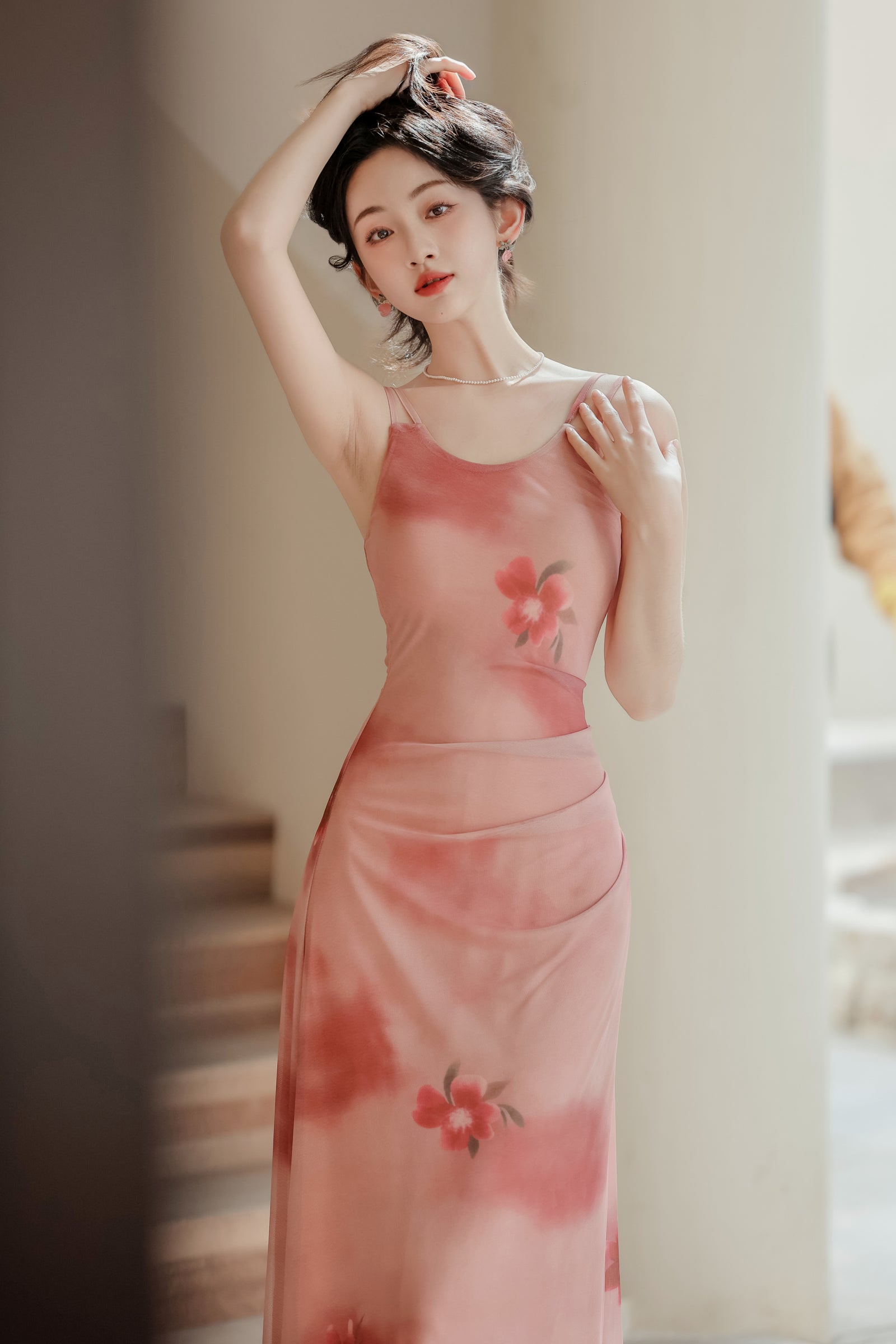 Elegant Rosy Pink Floral Print Sleeveless Maxi Dress - Masion Chérie