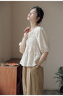 Beige Round Neck Puff Sleeve Blouse - Masion Chérie