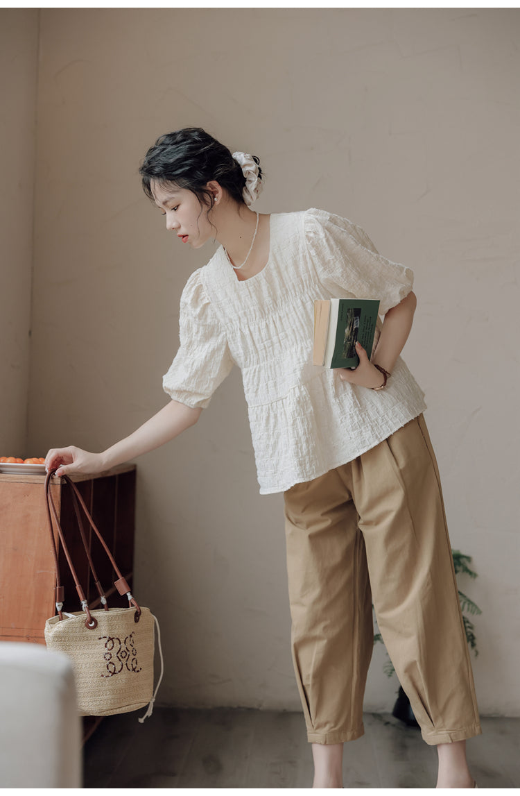 Beige Round Neck Puff Sleeve Blouse - Masion Chérie