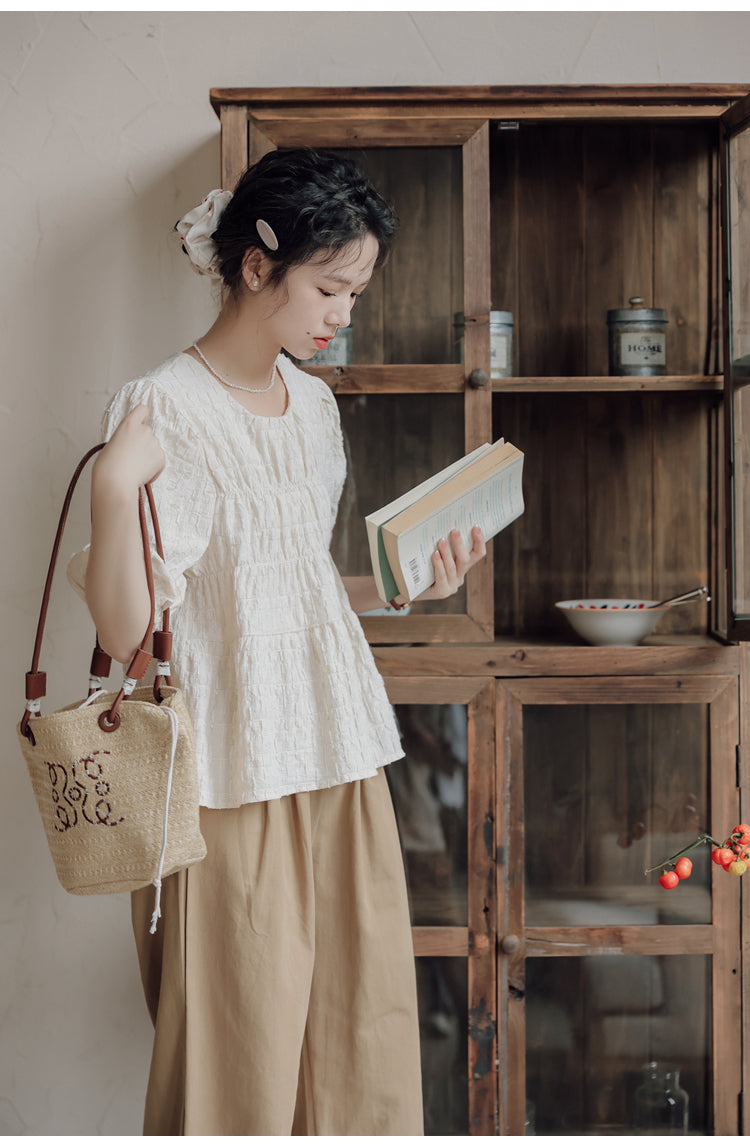 Beige Round Neck Puff Sleeve Blouse - Masion Chérie