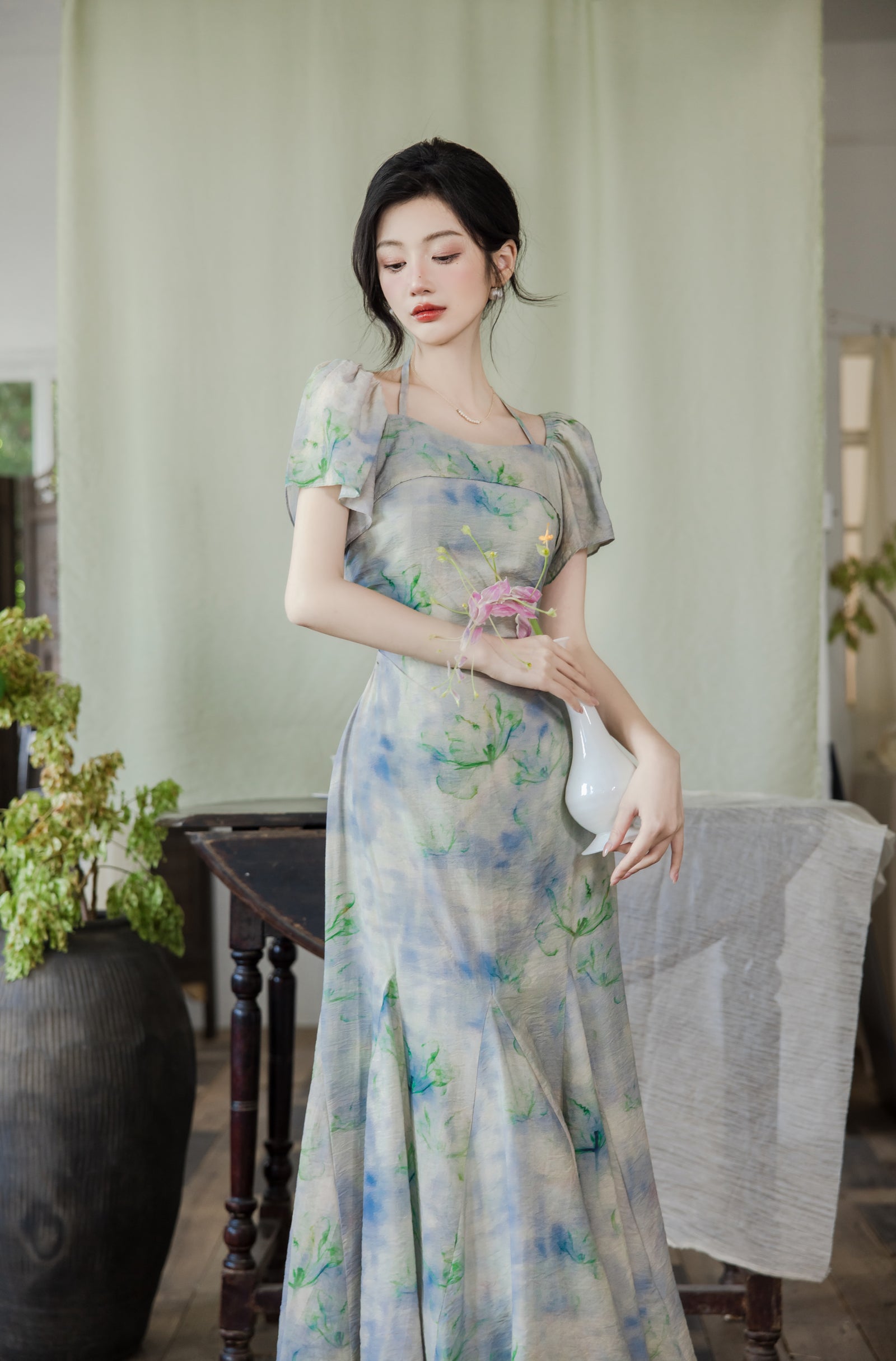 Serene Watercolor Puff Sleeves Maxi Dress