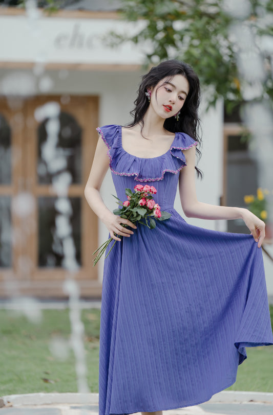 Vintage Blueberry Ruffled Off Shoulder Maxi Dress - Masion Chérie