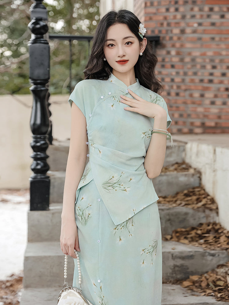 Elegant Mint Green Floral Print Cheongsam Set - Masion Chérie