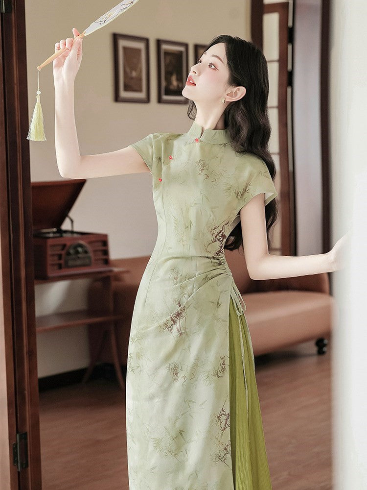 Vintage Green Bamboo Print Two-Piece Cheongsam Dress - Masion Chérie