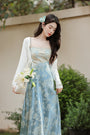 Pastel Blue Floral Satin Midi Dress