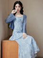 Elegant Blue Floral Lace Tiered Midi Dress with Mohair Knit Cardigan - Masion Chérie