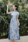 Elegant Blue Bamboo Print Modified Cheongsam Dress Set - Masion Chérie