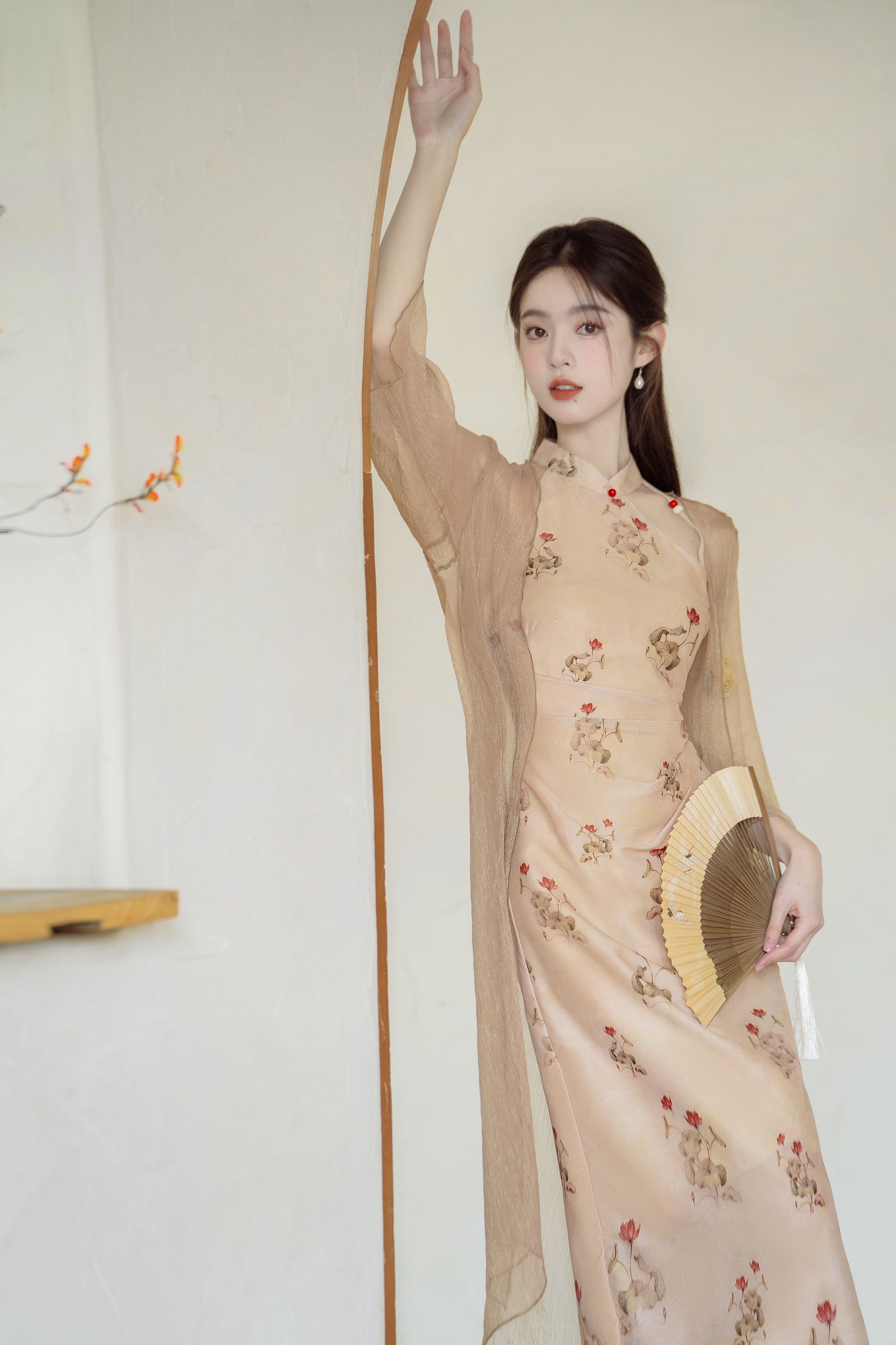 Floral Modified Cheongsam Dress with Long Cardigan - Masion Chérie