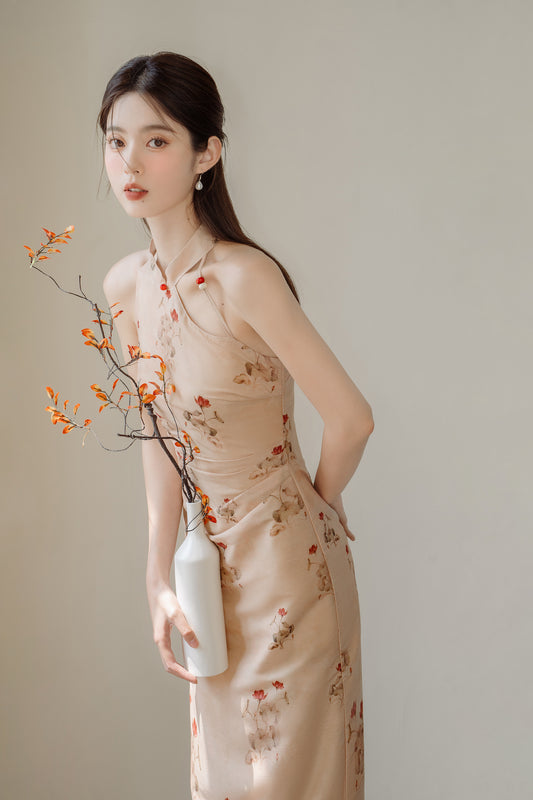 Floral Modified Cheongsam Dress with Long Cardigan - Masion Chérie