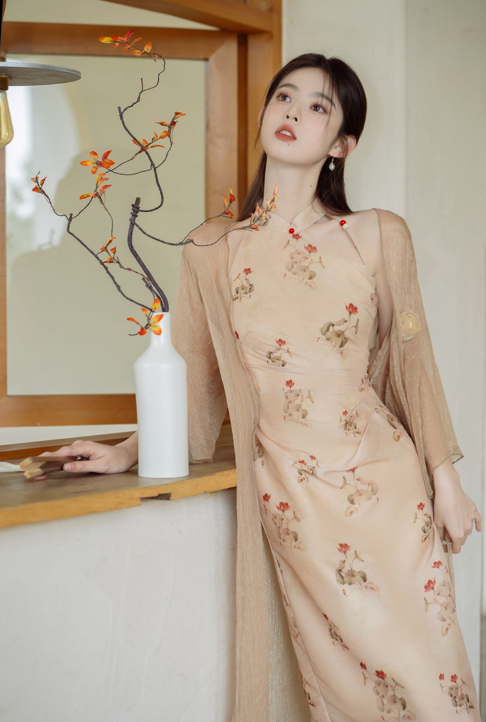 Floral Modified Cheongsam Dress with Long Cardigan - Masion Chérie