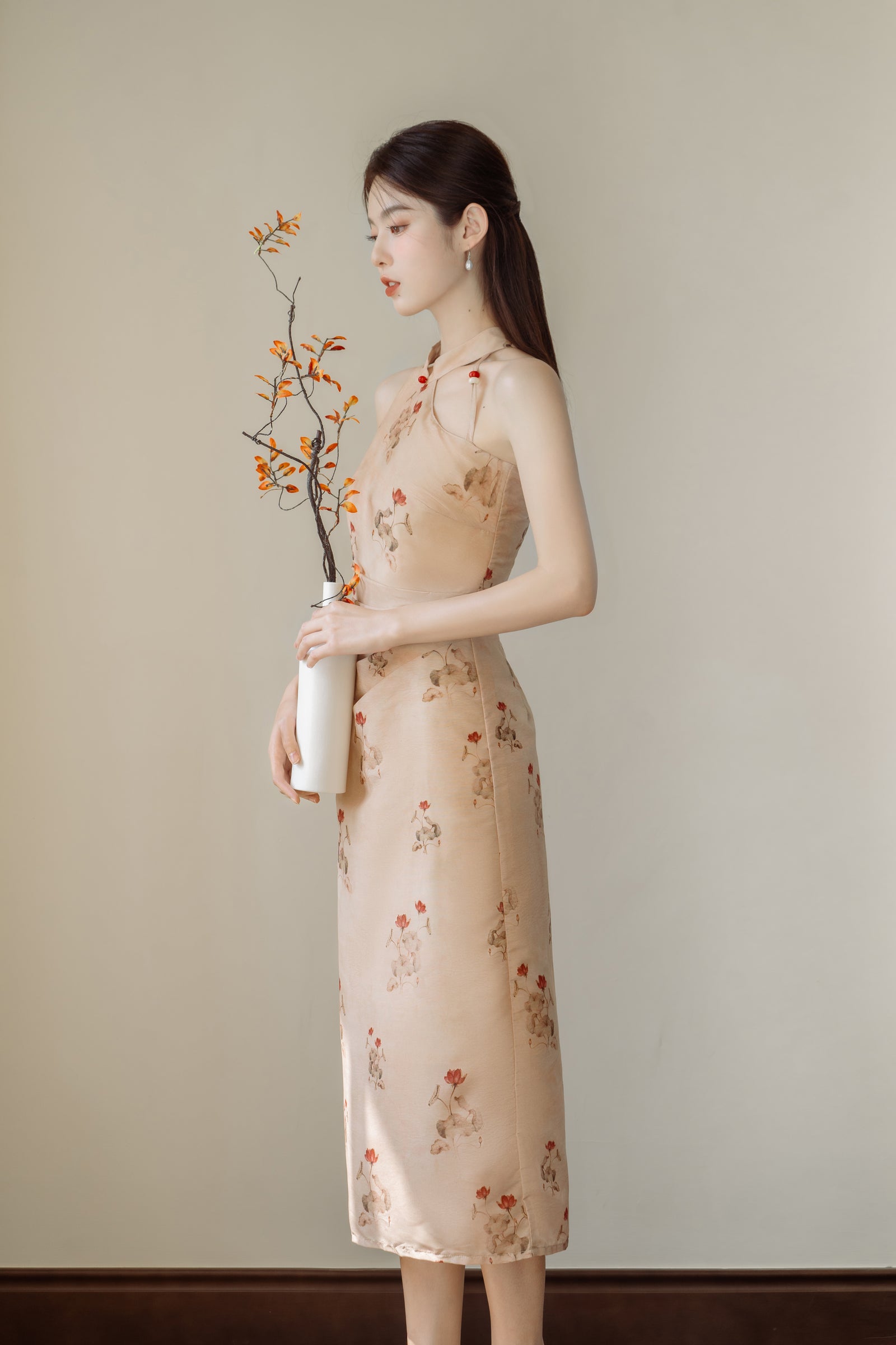 Floral Modified Cheongsam Dress with Long Cardigan - Masion Chérie