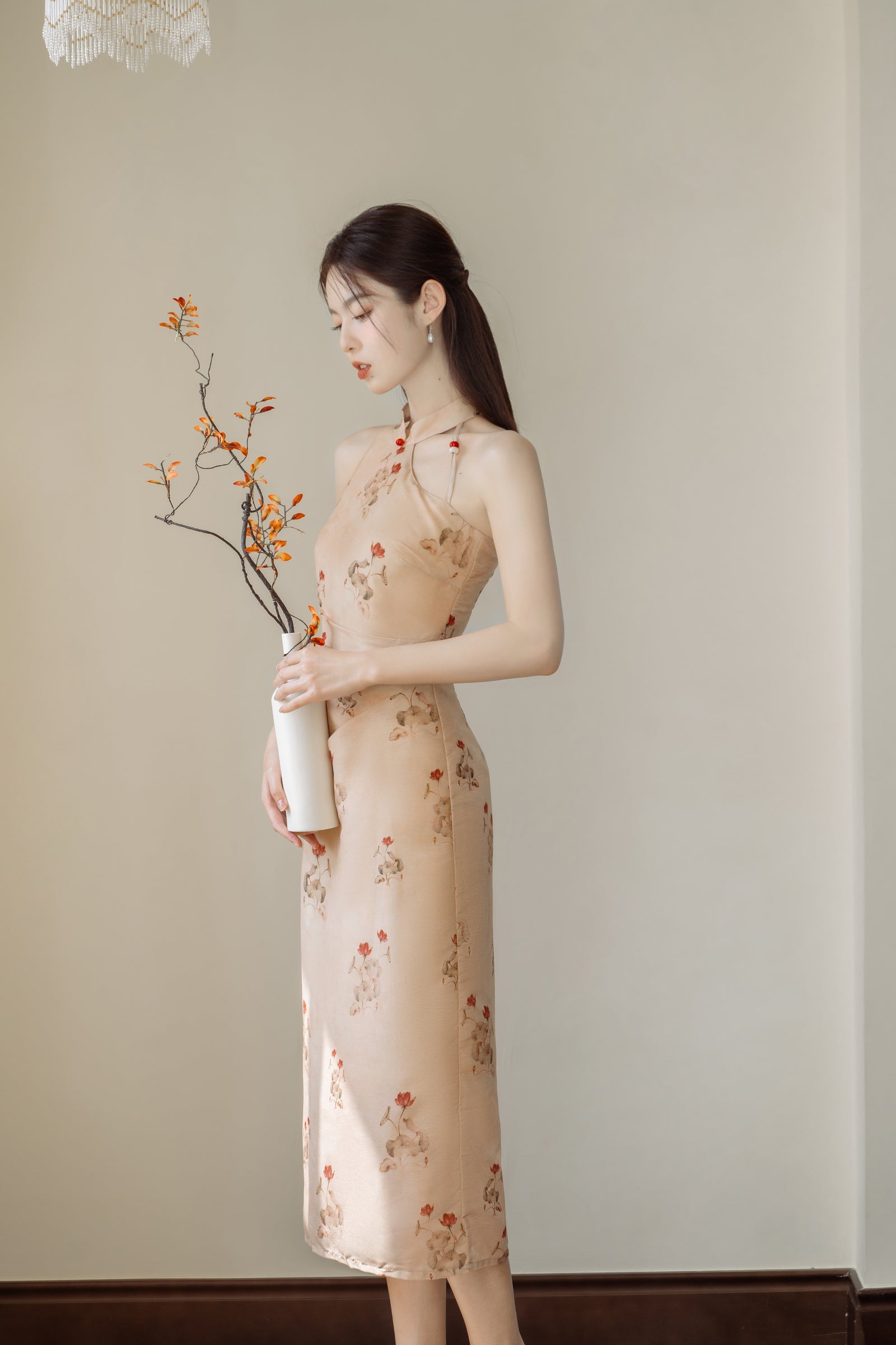 Floral Modified Cheongsam Dress with Long Cardigan - Masion Chérie