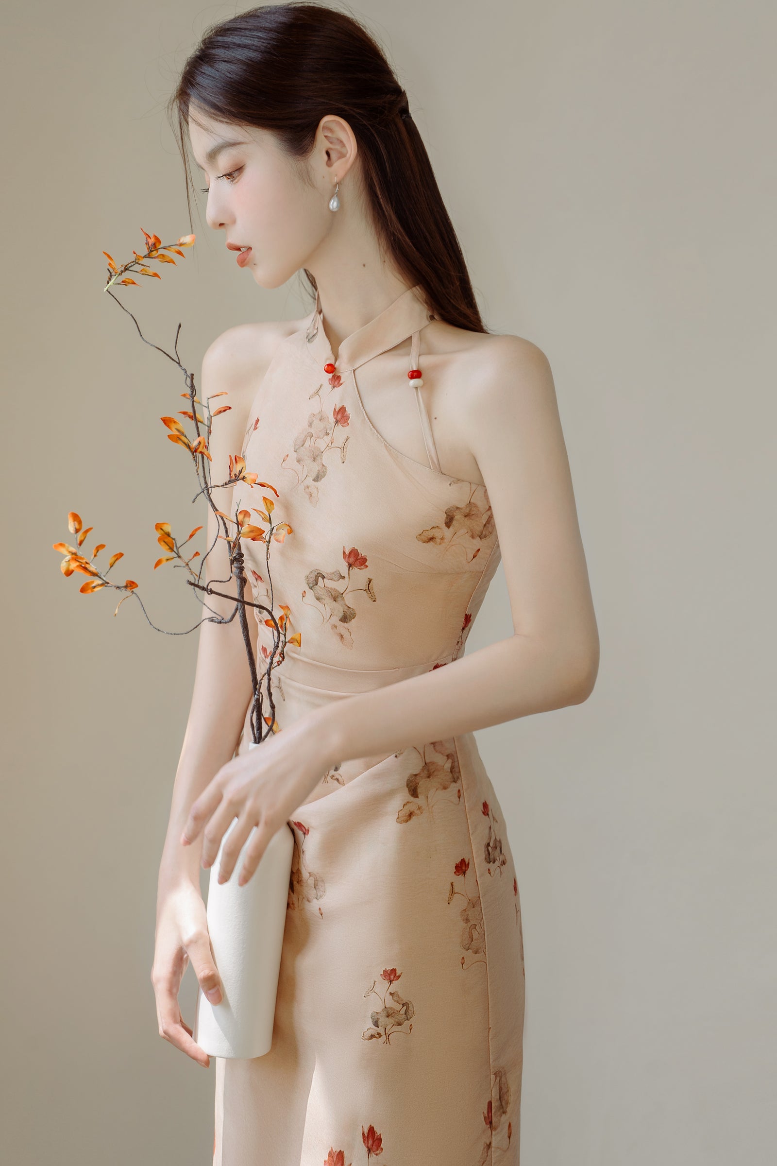 Floral Modified Cheongsam Dress with Long Cardigan - Masion Chérie