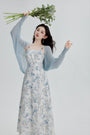 Elegant Blue Floral Spaghetti Strap Midi Dress