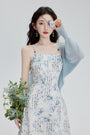 Elegant Blue Floral Spaghetti Strap Midi Dress