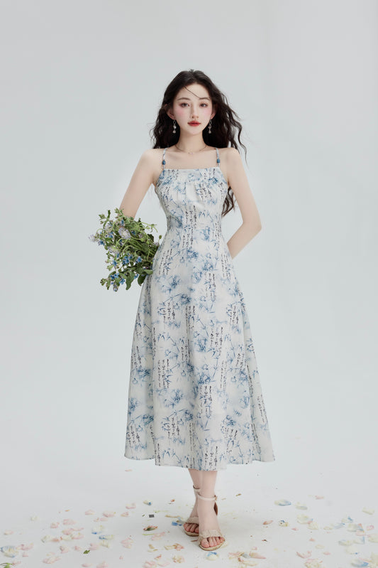 Elegant Blue Floral Spaghetti Strap Midi Dress