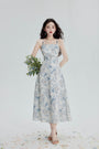 Elegant Blue Floral Spaghetti Strap Midi Dress