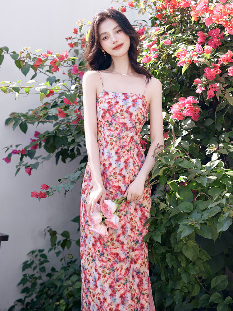 Romantic Floral Print Spaghetti Strap Midi Dress - Masion Chérie