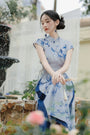 Elegant Blue Bamboo Print Modified Cheongsam Dress Set - Masion Chérie