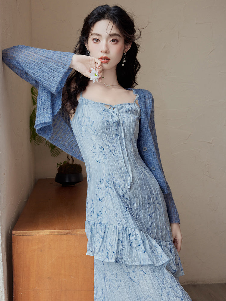 Elegant Blue Floral Lace Tiered Midi Dress with Mohair Knit Cardigan - Masion Chérie