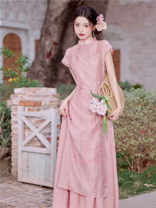 Vintage Pink Modified Cheongsam Dress Two-Piece Set - Masion Chérie