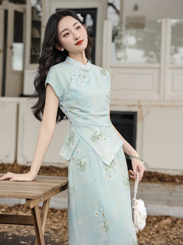 Elegant Mint Green Floral Print Cheongsam Set - Masion Chérie