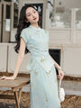 Elegant Mint Green Floral Print Cheongsam Set - Masion Chérie