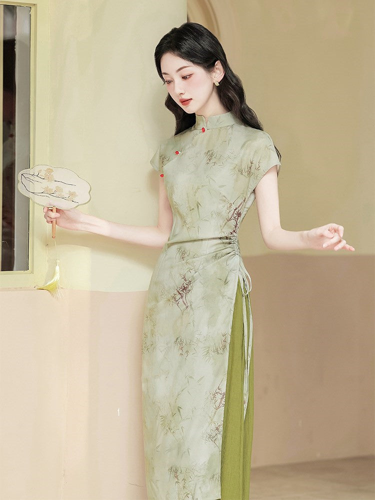 Vintage Green Bamboo Print Two-Piece Cheongsam Dress - Masion Chérie