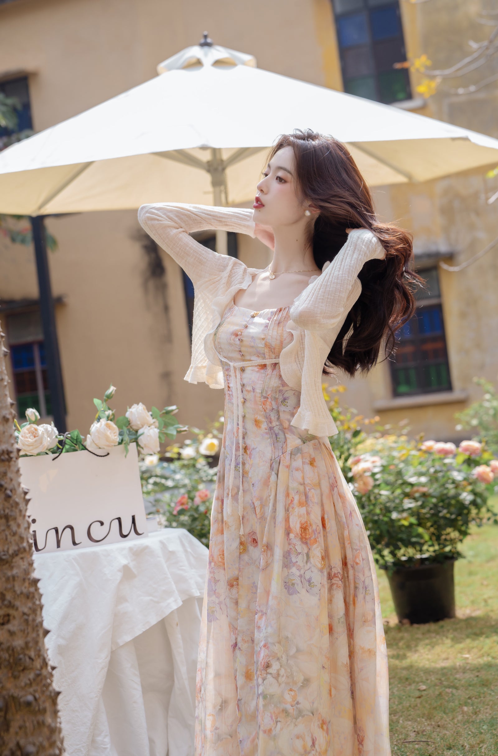 Romantic Floral Pastel Sundress with Ruffle Cardigan - Masion Chérie