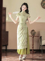 Vintage Green Bamboo Print Two-Piece Cheongsam Dress - Masion Chérie