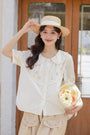 Charming Floral Embroidered Ruffle Collar Button-Down Blouse - Masion Chérie