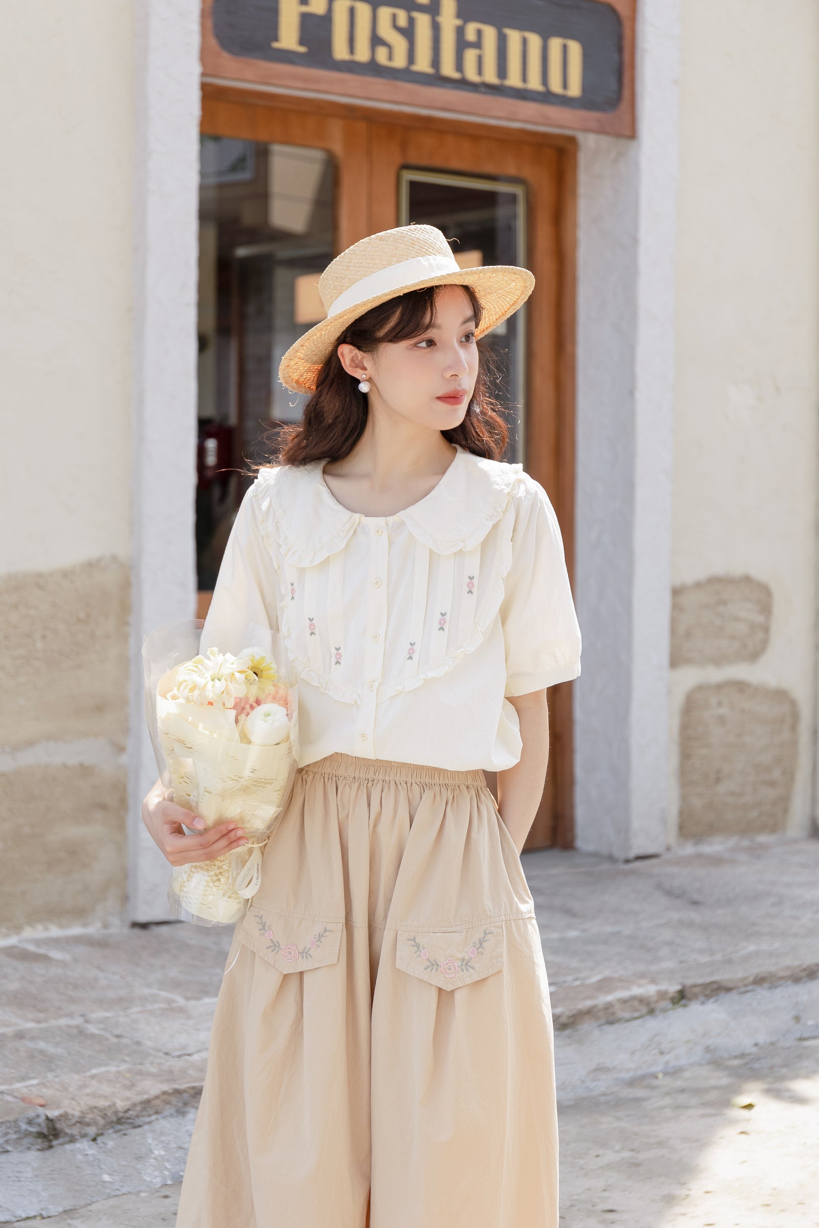 Charming Floral Embroidered Ruffle Collar Button-Down Blouse - Masion Chérie