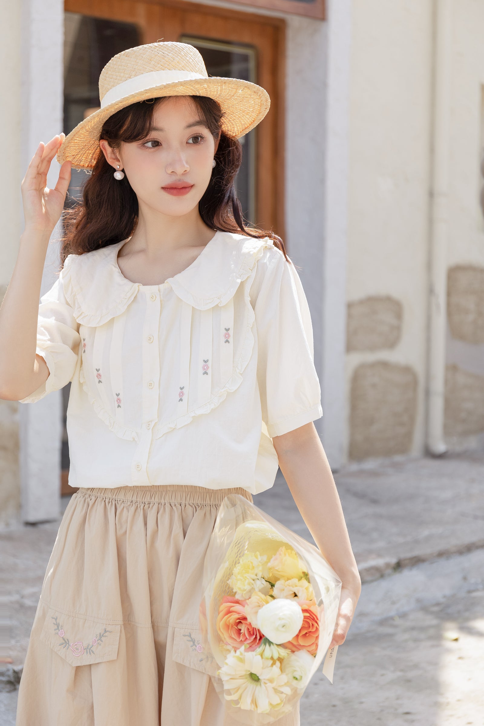 Charming Floral Embroidered Ruffle Collar Button-Down Blouse - Masion Chérie