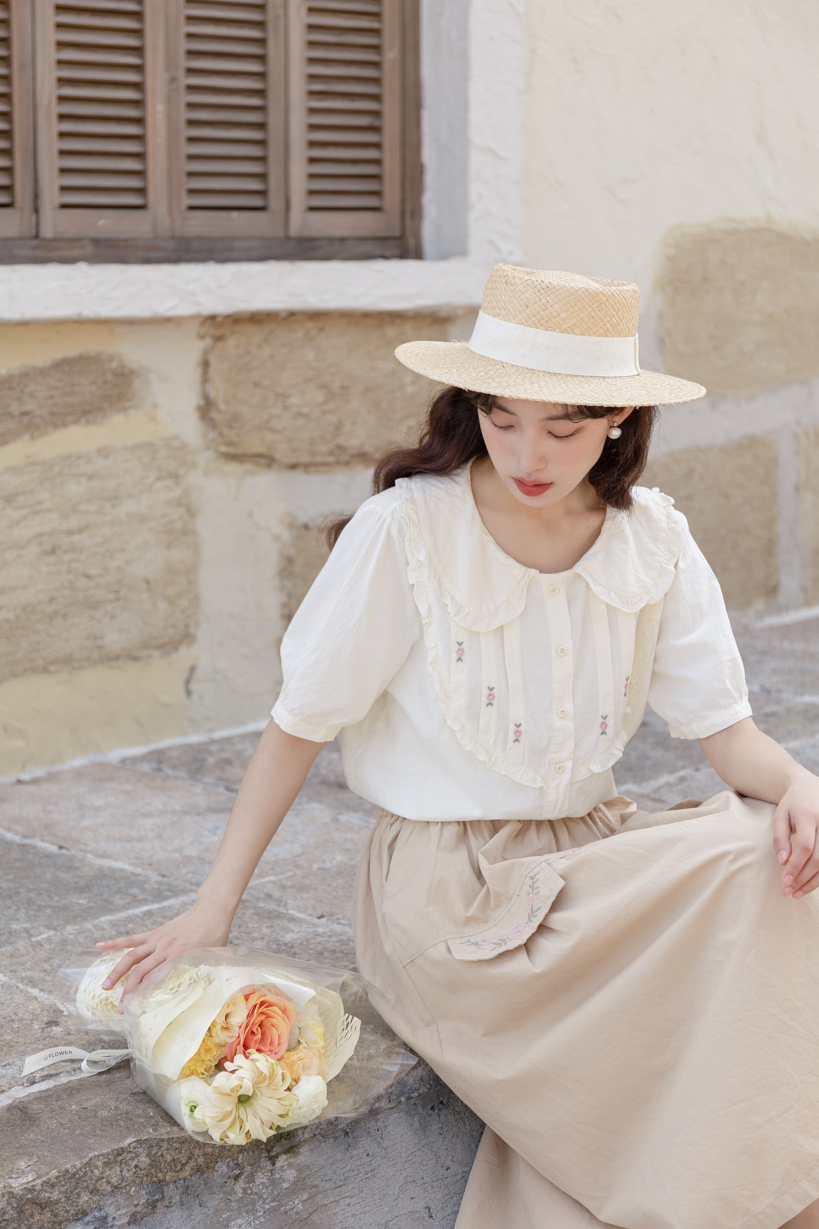 Charming Floral Embroidered Ruffle Collar Button-Down Blouse - Masion Chérie