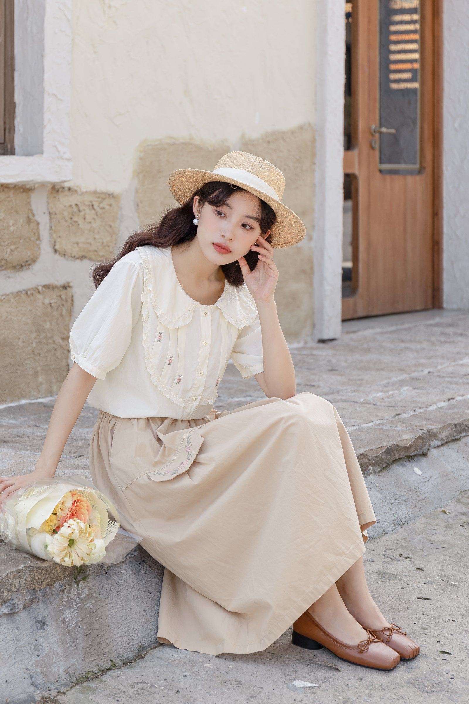 Charming Floral Embroidered Ruffle Collar Button-Down Blouse - Masion Chérie